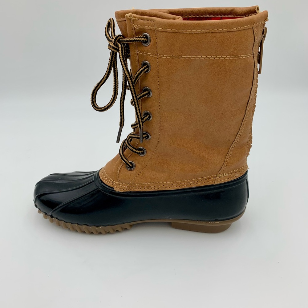 Madden Girl Flurry Duck Rain Boot Tan Black Women Sz 6.5 Fleece Plaid Lining EUC
